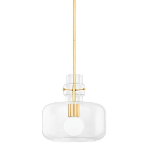 Suspended Lumi Pendant with clear bulbous glass shade and aged brass frame with decorative pins