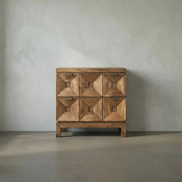 Musashi Walnut 2 Drawer console table in dark walnut with six faceted pyramidal drawer fronts and minimal brass pulls