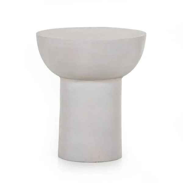 Chunky aluminum end table with rounded bowl-shaped top and cylindrical base in textured matte white