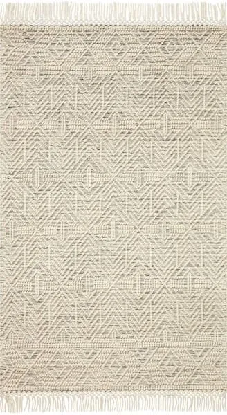 Noelle Ivory / Black Rug with tonal geometric patterns and textured weave, finished with fringed edges