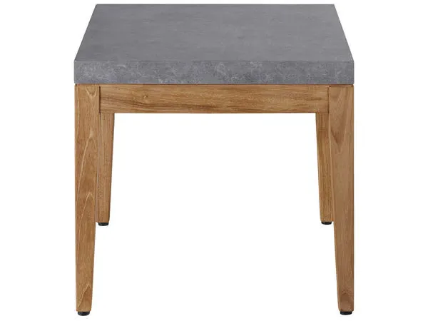 Outdoor Chesapeake End Table with smooth gray stone top and natural wooden base, square shape
