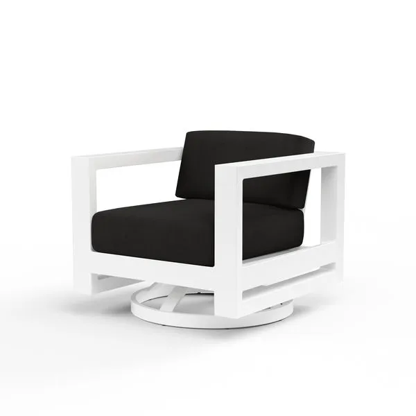 Newport Swivel Club outdoor chair with low back, black cushions, and white powder-coated aluminum frame