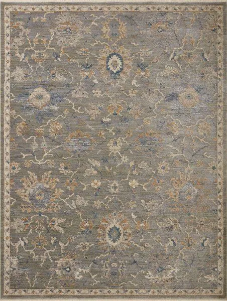 full view of rectangular rug with more beige and grey tones and similar floral design