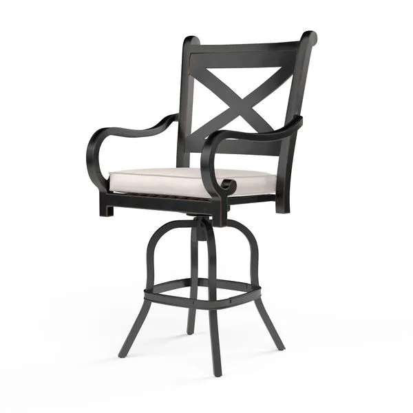 Monterey Counter Stool with curved armrests, X-shaped back, espresso aluminum frame, and sand-colored cushion