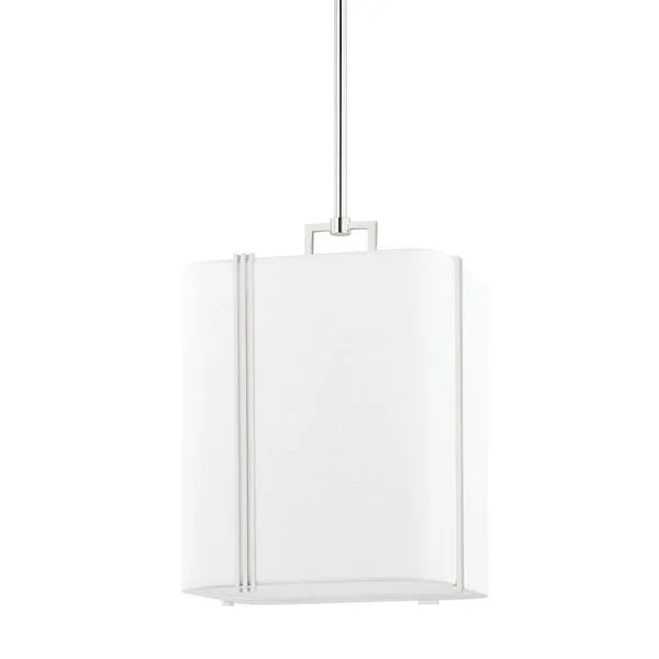 Downing 1 Light Small Pendant with thin metal bands wrapping Belgian linen soft-square diffuser, offset design