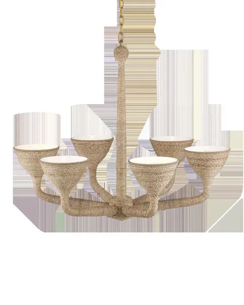 Marbella Chandelier with six abaca rope wrapped arms and white frosted glass shades on a wrought iron frame