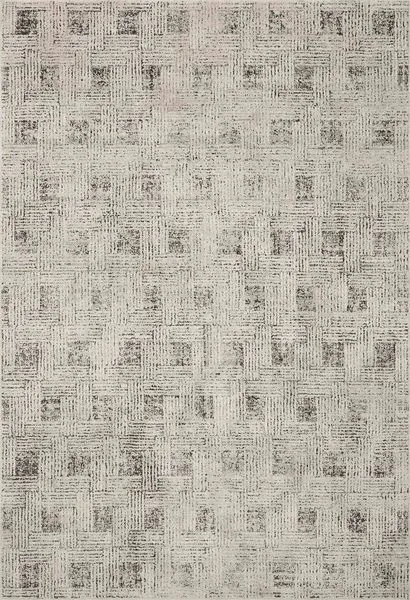 Kamala 6'7" x 9'6" grey and graphite transitional rug with neutral linear and diamond Moroccan-inspired pattern.