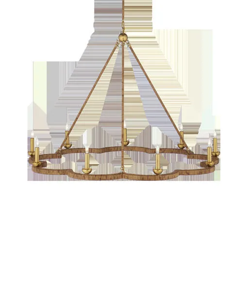 Savoie Chandelier with scalloped rattan-wrapped frame and gold leaf finish, featuring twelve candle-style lights