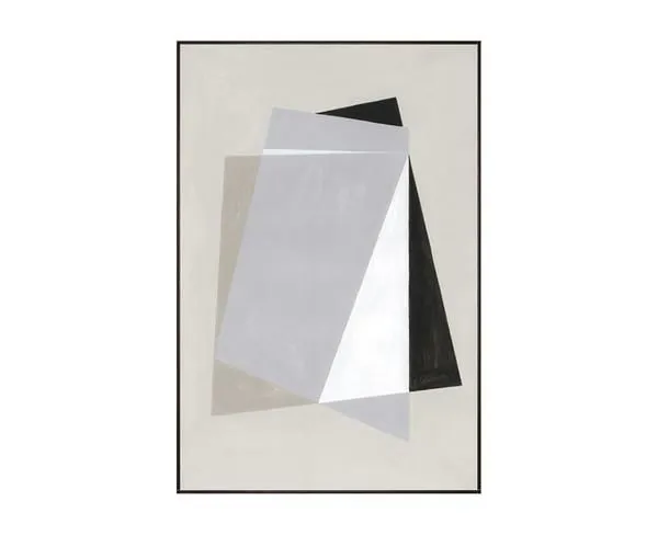 Abstract painting with overlapping geometric shapes in shades of gray, black, and white on a light gray background