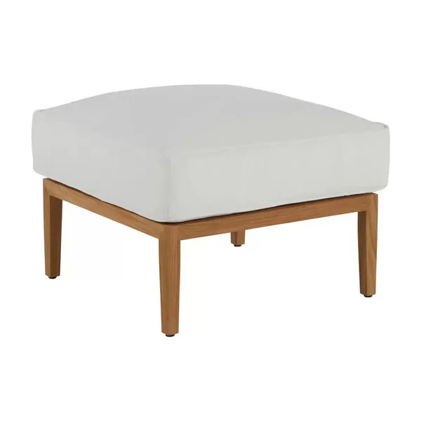 Santa Barbara teak ottoman with natural wood frame and thick white outdoor cushion