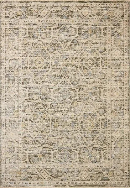 Traditional rectangular area rug with olive, ivory, blue, and yellow floral and geometric motifs