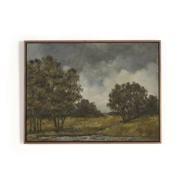 Landscape painting with cloudy sky and group of trees, framed with rustic walnut floater