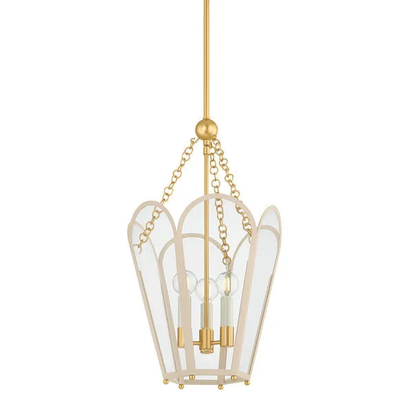 Clarisse Lantern pendant with a hexagonal frame in Soft Bisque finish, arched glass panels, and two cream candle-style bulbs