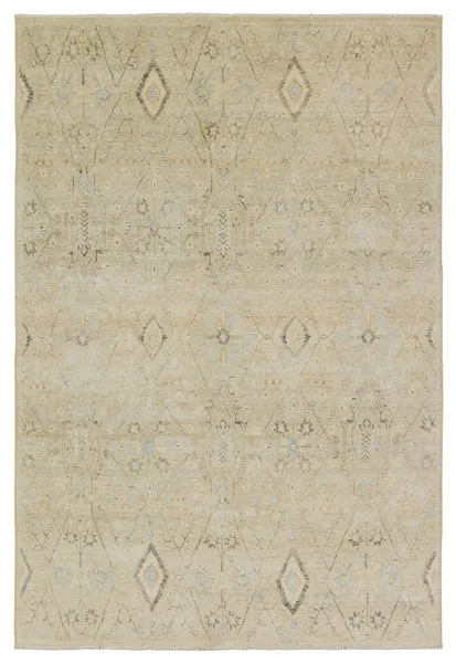 Persian-inspired Maisie area rug with vintage trellis pattern in light blue, pastel green, yellow, navy, and cream