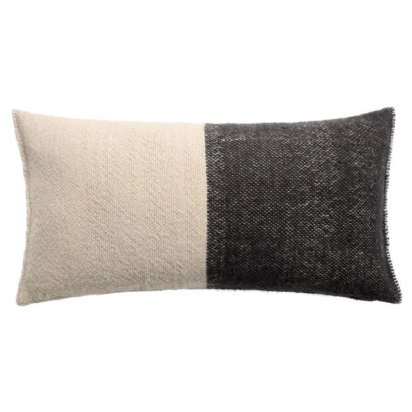 Rectangular gray and natural beige two-tone pillow with a textured woven cotton fabric