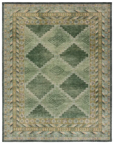 Handknotted Enfield area rug with vintage-inspired trellis medallion in green and blue tones