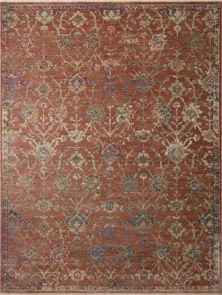 Square terracotta area rug with dense floral design and detailed border in soft muted tones