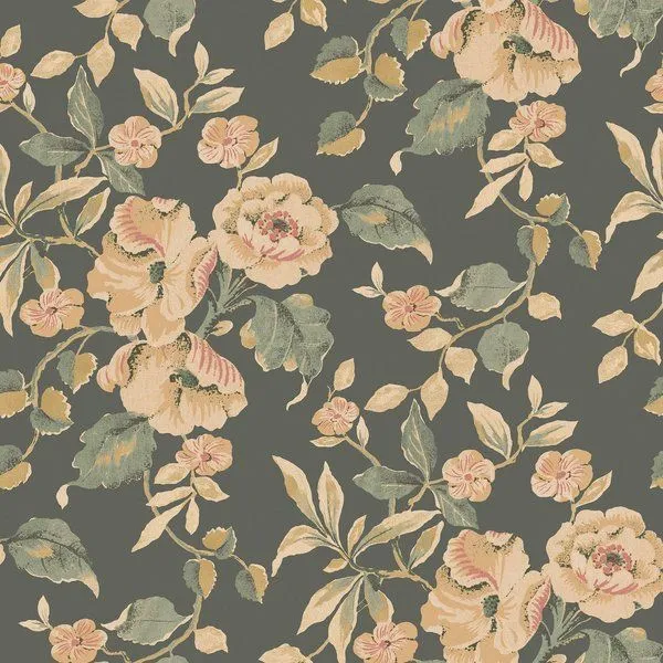 Laura Ashley Alyworth Trail wallpaper with dense painterly hibiscus flowers and scrolling leaves on dark background