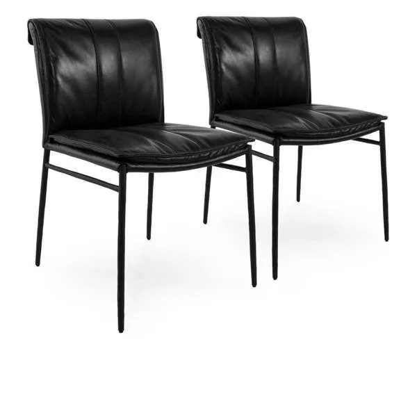 Mayer Genuine Leather Dining Chair set in black with slender iron legs, rolled backrest, and detailed stitching