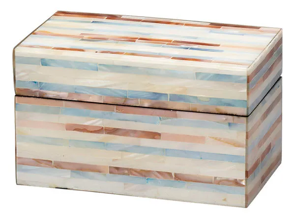 Rectangular decorative box covered with iridescent mother of pearl mosaic strips in soft blue, cream, and amber tones
