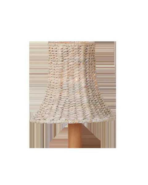 Bell-shaped chandelier shade made of whitewashed woven seagrass with a natural wood fixture