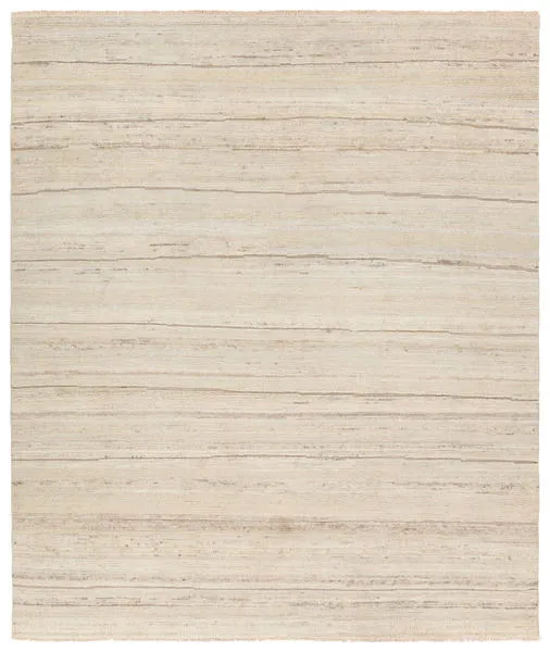 Handknotted gray rug with subtle horizontal stripe patterns in varying shades of light gray and beige