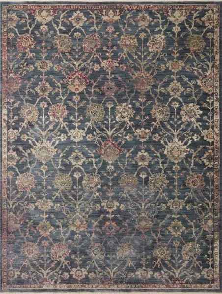 rectangular navy rug with multi-colored traditional floral motifs and a distressed vintage look