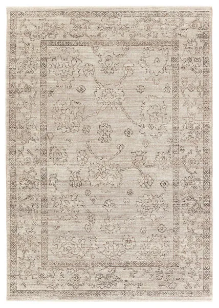 Camille traditional floral rug in gray, brown, taupe, and cream with distressed vintage-style pattern