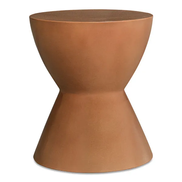Hourglass Outdoor Stool in warm terracotta with smooth, concrete-like texture and modern hourglass silhouette