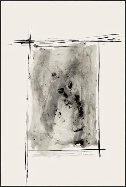 Abstract painting with bold black strokes framing a textured grey center on a neutral background