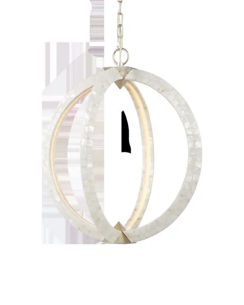 Arietta White Orb Chandelier with two intersecting mother-of-pearl covered metal ribs and silver pyramid accents