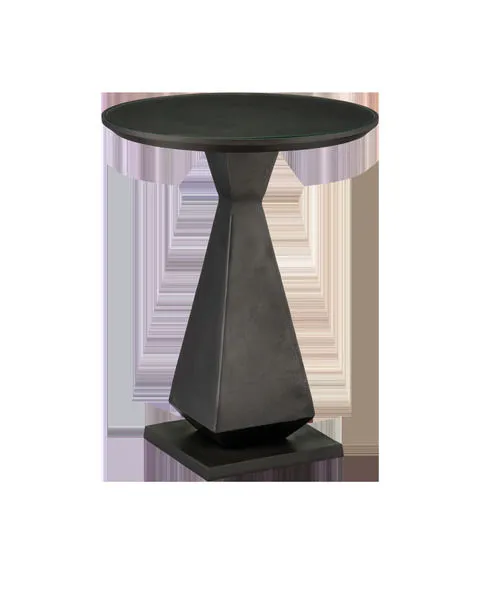 Janil Accent Table with geometric cast aluminum base in graphite finish and round glass inset top