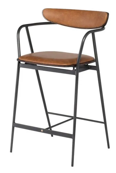 Gianni Counter Stool with desert leather seat and backrest on black metal frame with armrests and footrest