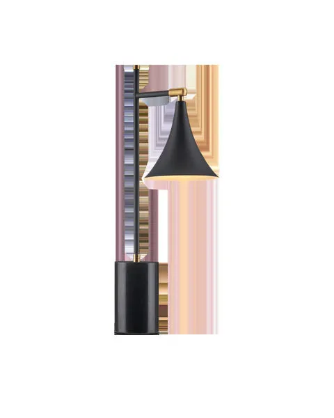 Bibliophile Table Lamp with fluted matte black shade, thin stem, matte brass accents, and tall black marble base