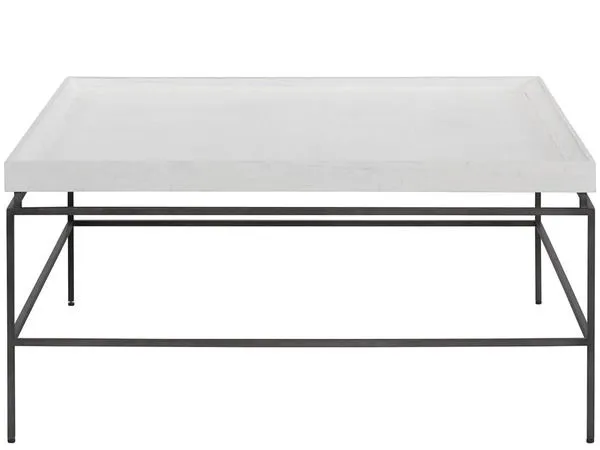 Square cocktail table with cool white tray-style top and dark angular metal base