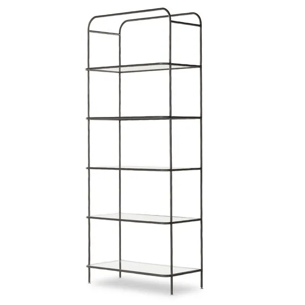 five-shelf bookcase with hammered gunmetal iron frame and tempered glass shelves in a transitional vintage style