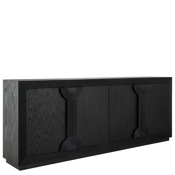 Aero Sideboard in black oak veneer with bold geometric carved panels and a modern rectangular shape