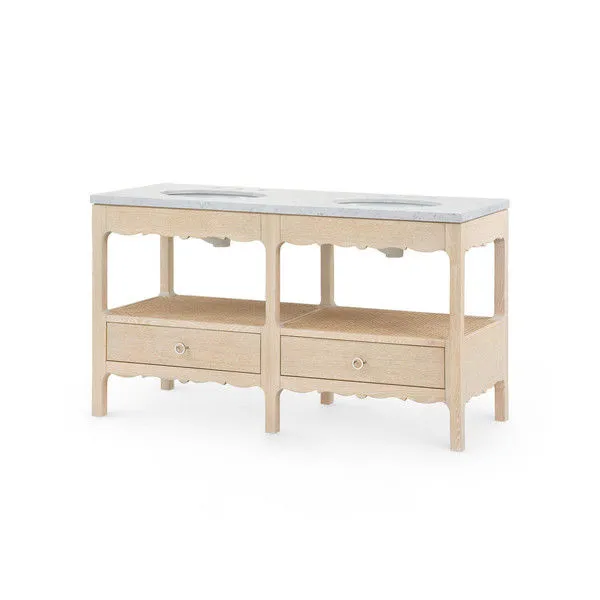 Arianna 2-Drawer Cabinet with 60-inch white Carrara marble top and hand-cerused oak base featuring scalloped detailing