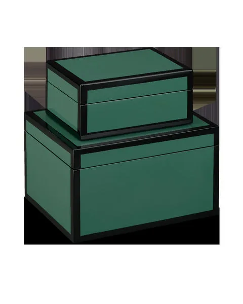 Set of two glossy green lacquered wooden boxes with black trim, one smaller stacked on larger