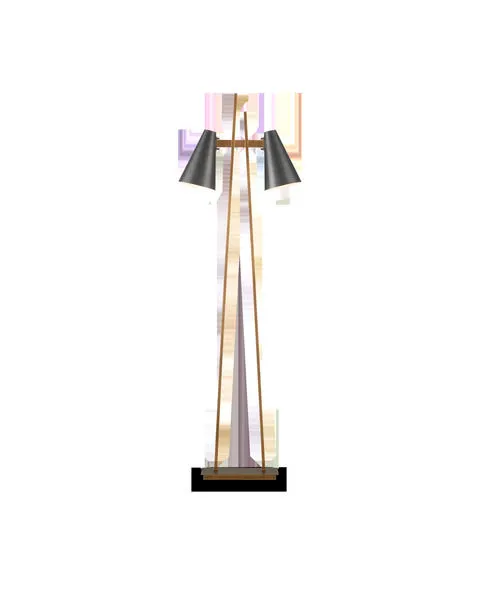 Duet Floor Lamp with twin asymmetrical antique brass metal bars and pair of black conical shades for dual reading light