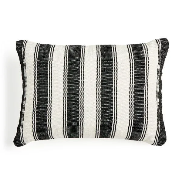 Rectangular outdoor throw pillow with black and white classic cabana stripe pattern