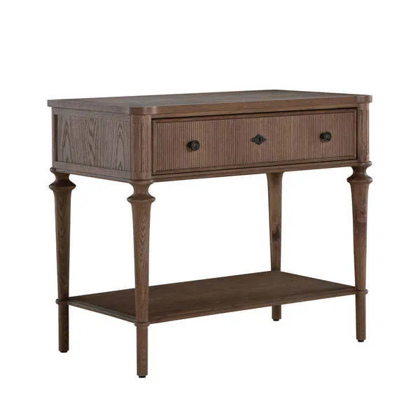 Andrea nightstand angled view highlighting drawer front and lower shelf