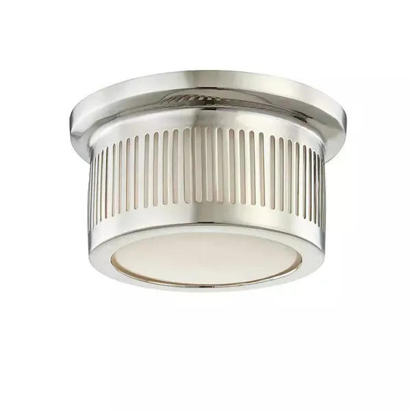 Bangor LED flush mount ceiling light in polished metal with vertical perforations and frosted diffuser