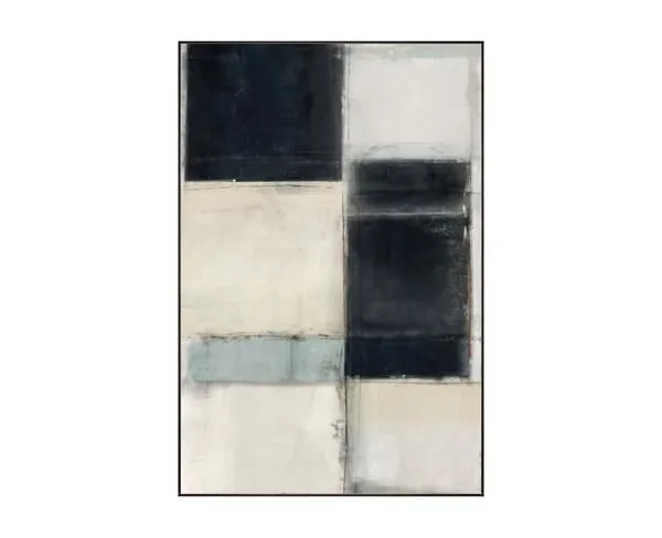 Abstract painting with large black, white, and gray geometric blocks in a rectangular frame
