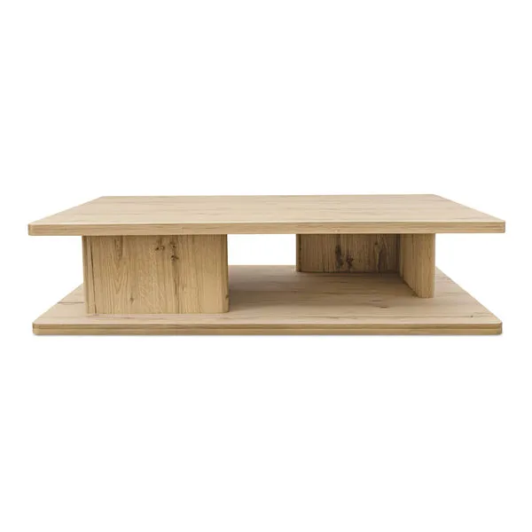 Rectangular rustic oak coffee table with a thick tabletop and vertical support with bullnose edge