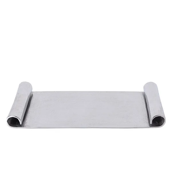 Rectangular aluminium tray with raw nickel finish featuring curled scroll edges on both ends