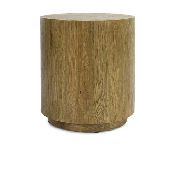 Light brown oak veneer round end table with sculptural plinth-style base and clean minimalist design