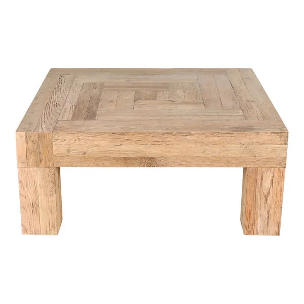 Square reclaimed oak coffee table with visible wood grains and knots in blocked pattern top and chunky legs