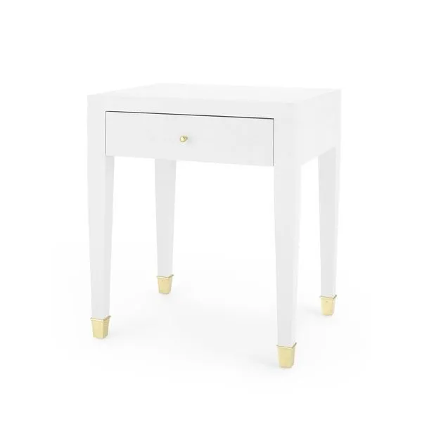 White Claudette 1-Drawer Side Table with washed lacquered linen finish and gold-capped tapered legs