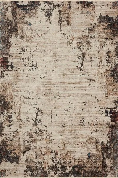 Leigh Ivory / Charcoal Rug with distressed abstract motifs in beige, charcoal, and subtle blue and red accents